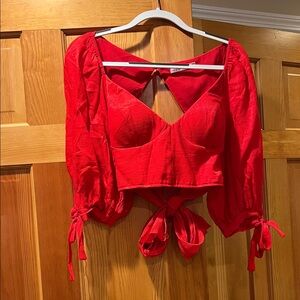 Red Puff-Sleeve Tie-Front Crop Top